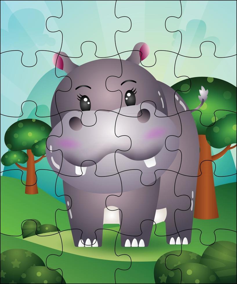 ilustração de jogo de quebra-cabeça para crianças com hipopótamo fofo vetor