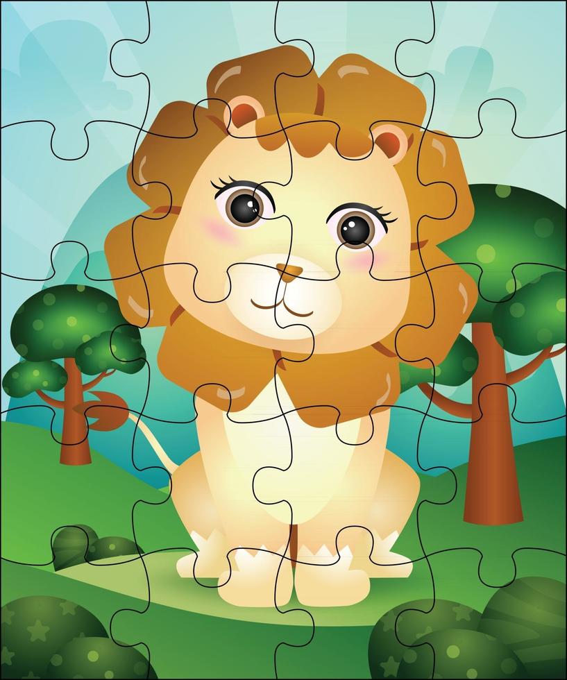 ilustração de jogo de quebra-cabeça para crianças com leão fofo vetor