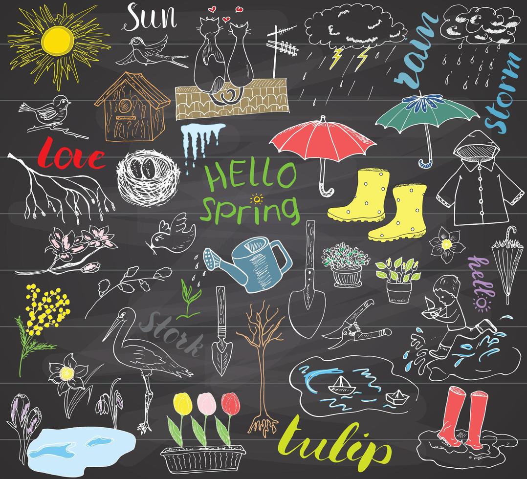 temporada de primavera definir elementos de doodles esboço desenhado à mão conjunto com guarda-chuva botas de borracha capa de chuva flores ferramentas de jardim ninho e pássaros desenho coleção doodle no quadro-negro vetor