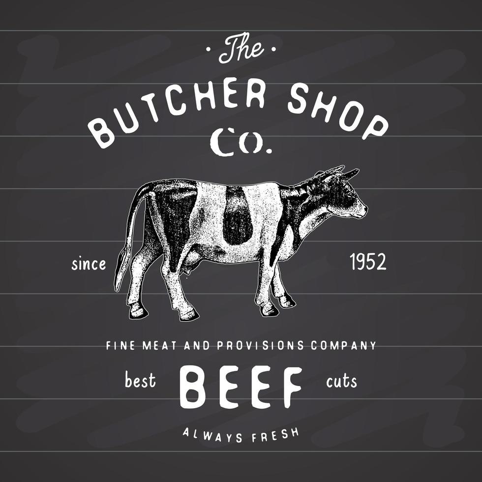 açougueiro emblema vintage produtos de carne bovina, estilo retrô de modelo de logotipo de açougue. design vintage para design de logotipo, etiqueta, emblema e marca. ilustração vetorial no quadro-negro vetor