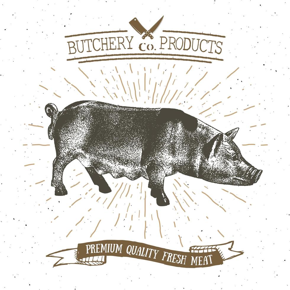 açougueiro emblema vintage produtos de carne de porco, estilo retrô de modelo de logotipo de açougue. design vintage para design de logotipo, etiqueta, emblema e marca. ilustração vetorial. vetor