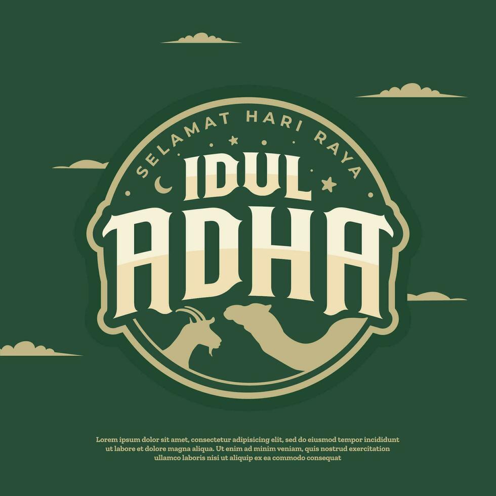 eid al adha logotipo com bode e camelo. Selamat hari raya idul adha traduz para eid al adha Mubarak vetor