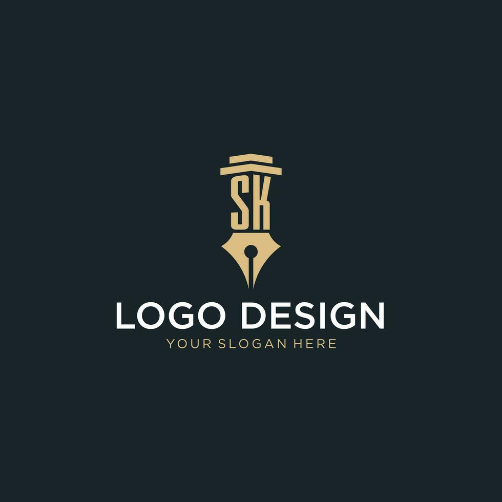 sk monograma inicial logotipo com fonte caneta e pilar estilo vetor