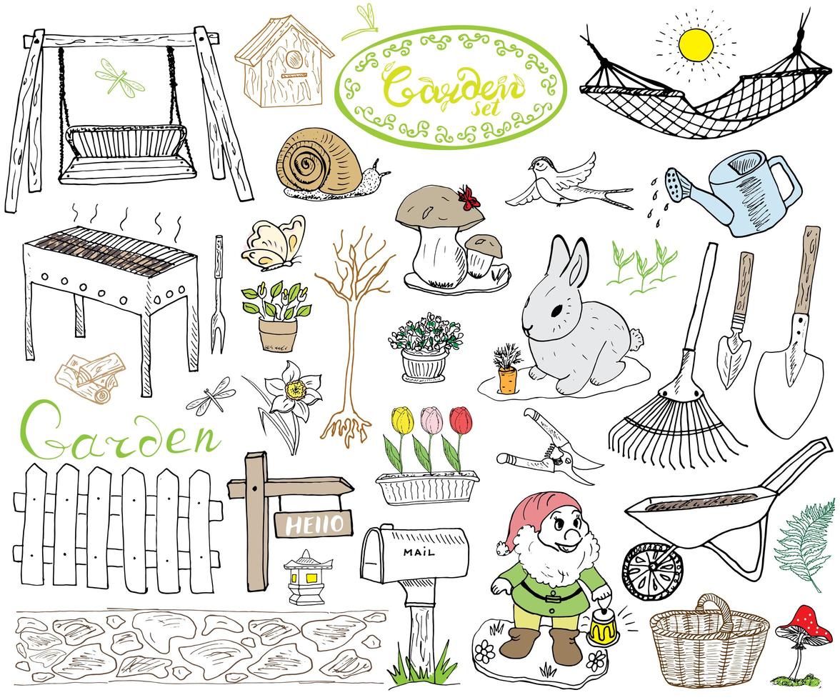 jardim definir elementos de doodles. esboço desenhado mão com ferramentas de jardinagem, flovers e plantas, figuras de jardim, cogumelos gnomos, coelho, ninho e pássaros, balanço do quintal. desenho doodle, isolado no branco vetor