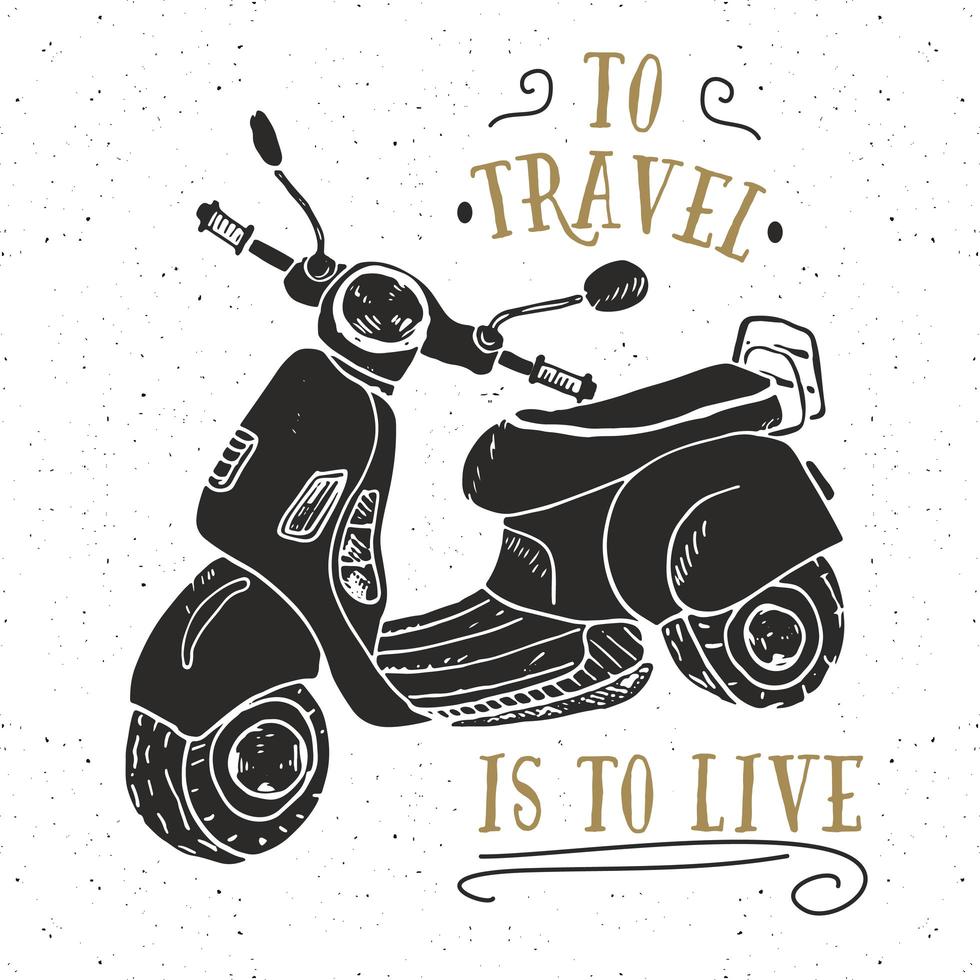 etiqueta vintage de motocicleta de scooter, esboço desenhado à mão, emblema retro texturizado grunge, impressão de t-shirt de design de tipografia, ilustração vetorial vetor