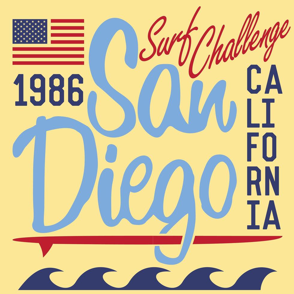 design de impressão de t-shirt, gráficos de tipografia ilustração vetorial de verão distintivo aplique etiqueta califórnia san diego signo vetor