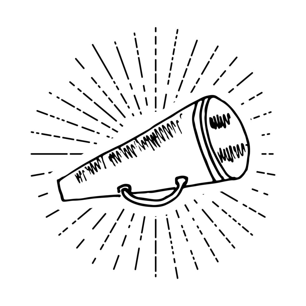 megafone ou megafone, alto-falante, esboço desenhado de mão em raios solares vintage retrô. ilustração do vetor isolada no branco.