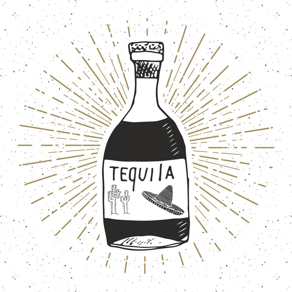 rótulo vintage, esboço de garrafa desenhada à mão de tequila mexicana de bebida alcoólica tradicional, distintivo retrô texturizado grunge, design de emblema, impressão de camiseta de tipografia, ilustração vetorial vetor