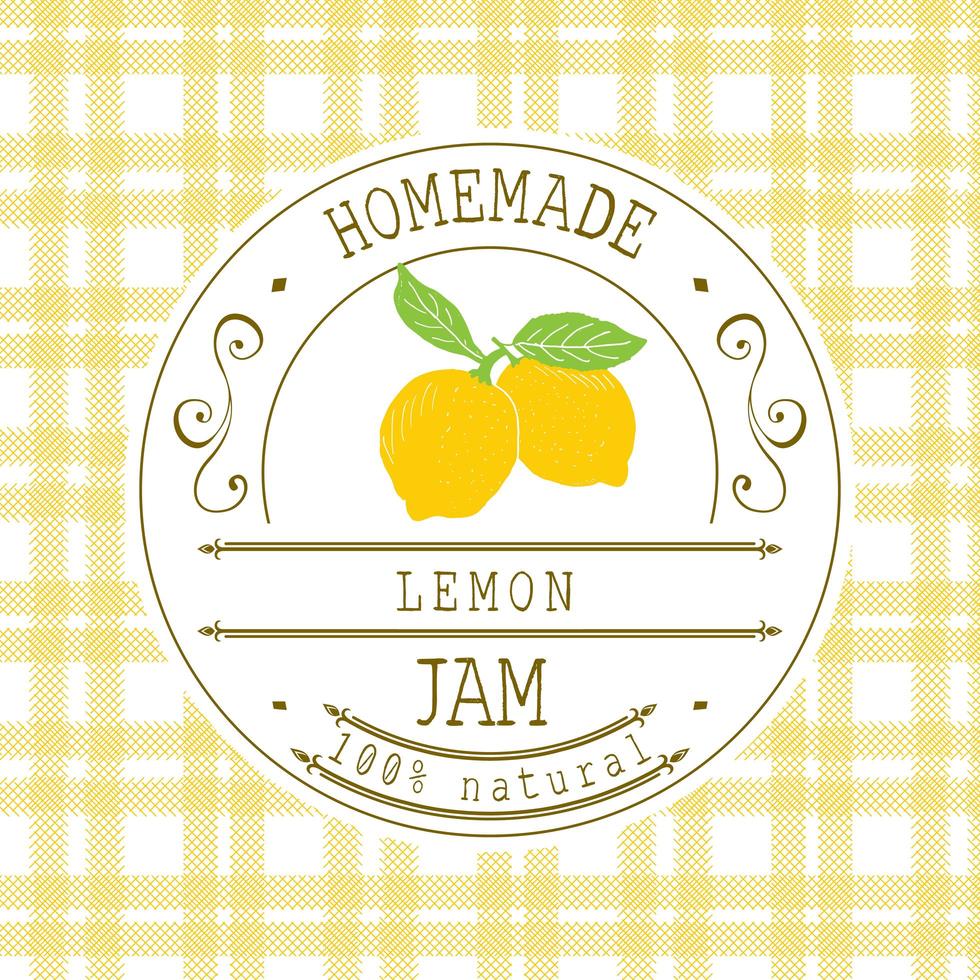 modelo de design de etiqueta de atolamento. para produto de sobremesa de limão com fundo e frutas esboçadas de mão desenhada. identidade da marca ilustração do doodle do vetor