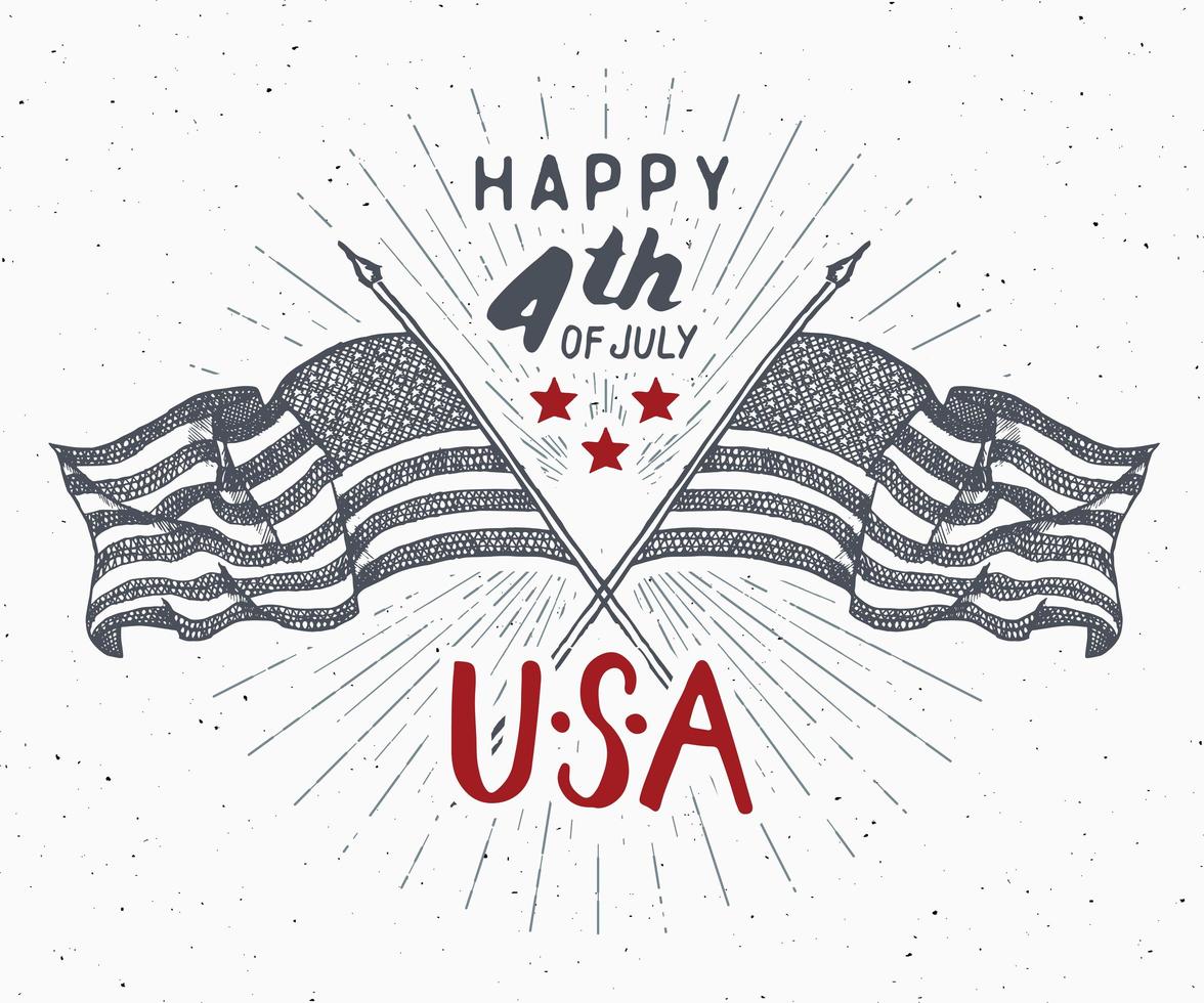 feliz dia da independência, quatro de julho, cartão vintage com bandeiras dos EUA, celebração do estados unidos da américa. letras de mão, ilustração em vetor design retro texturizado grunge feriado americano.