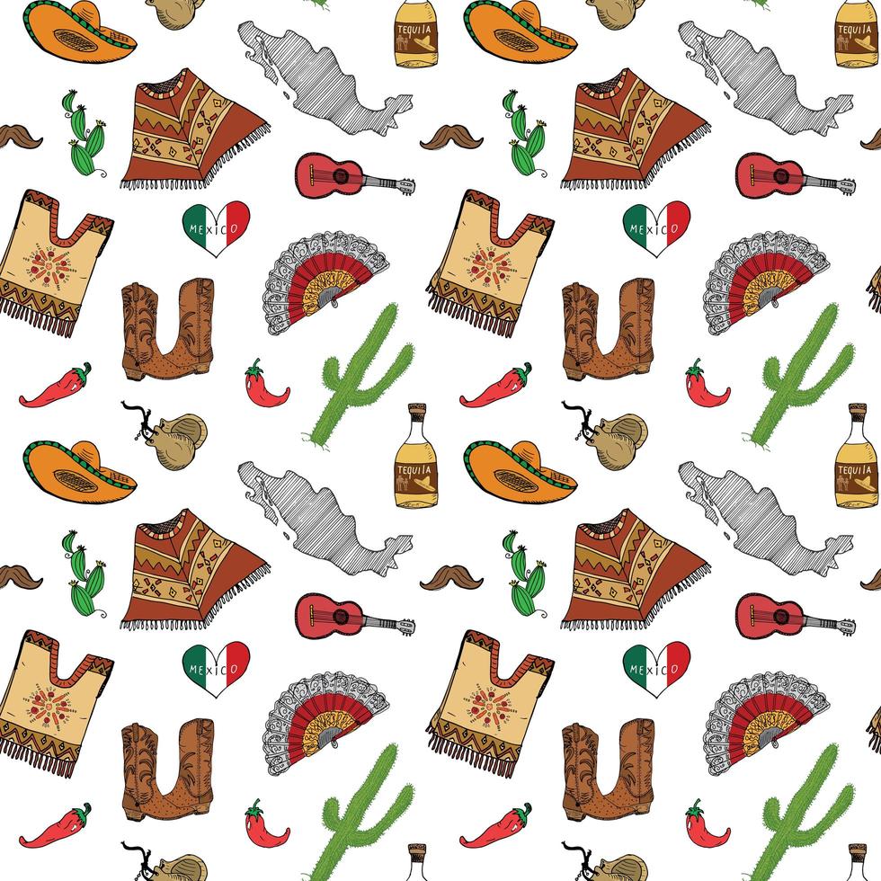 elementos de doodle de padrão sem emenda do México, esboço desenhado de mão chapéu sombrero tradicional mexicano, botas, poncho, garrafa de cacto e tequila, mapa do México, instrumentos musicais. ilustração vetorial fundo vetor