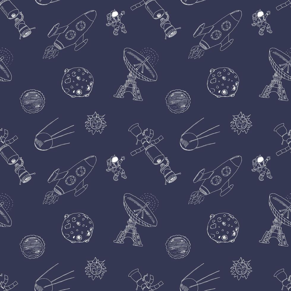 espaço doodles padrão sem emenda de ícones. esboço desenhado mão com meteoros, sol e lua, radar, astronauta e foguete. ilustração vetorial vetor