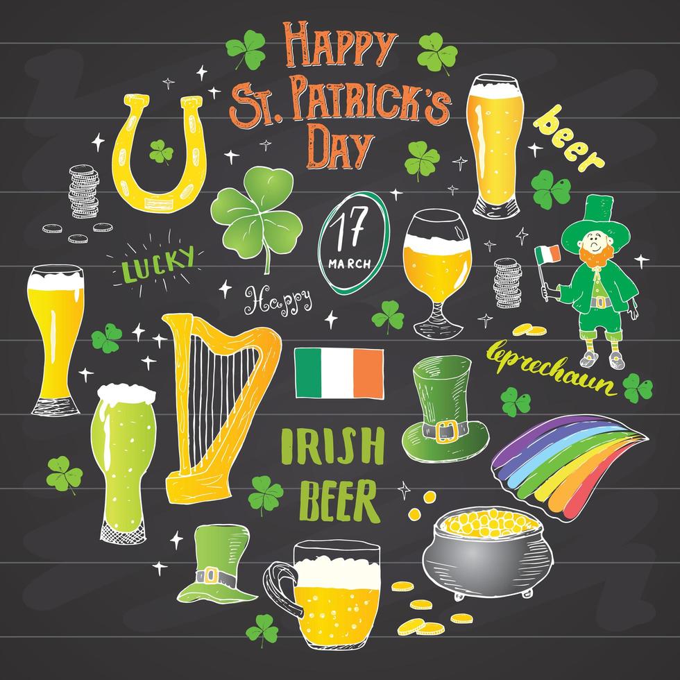 Conjunto de doodle desenhado à mão do dia de São Patrício, com duende, pote de moedas de ouro, arco-íris, cerveja, trevo de quatro folhas, ferradura, harpa celta e ilustração vetorial da bandeira da Irlanda no fundo do quadro-negro vetor