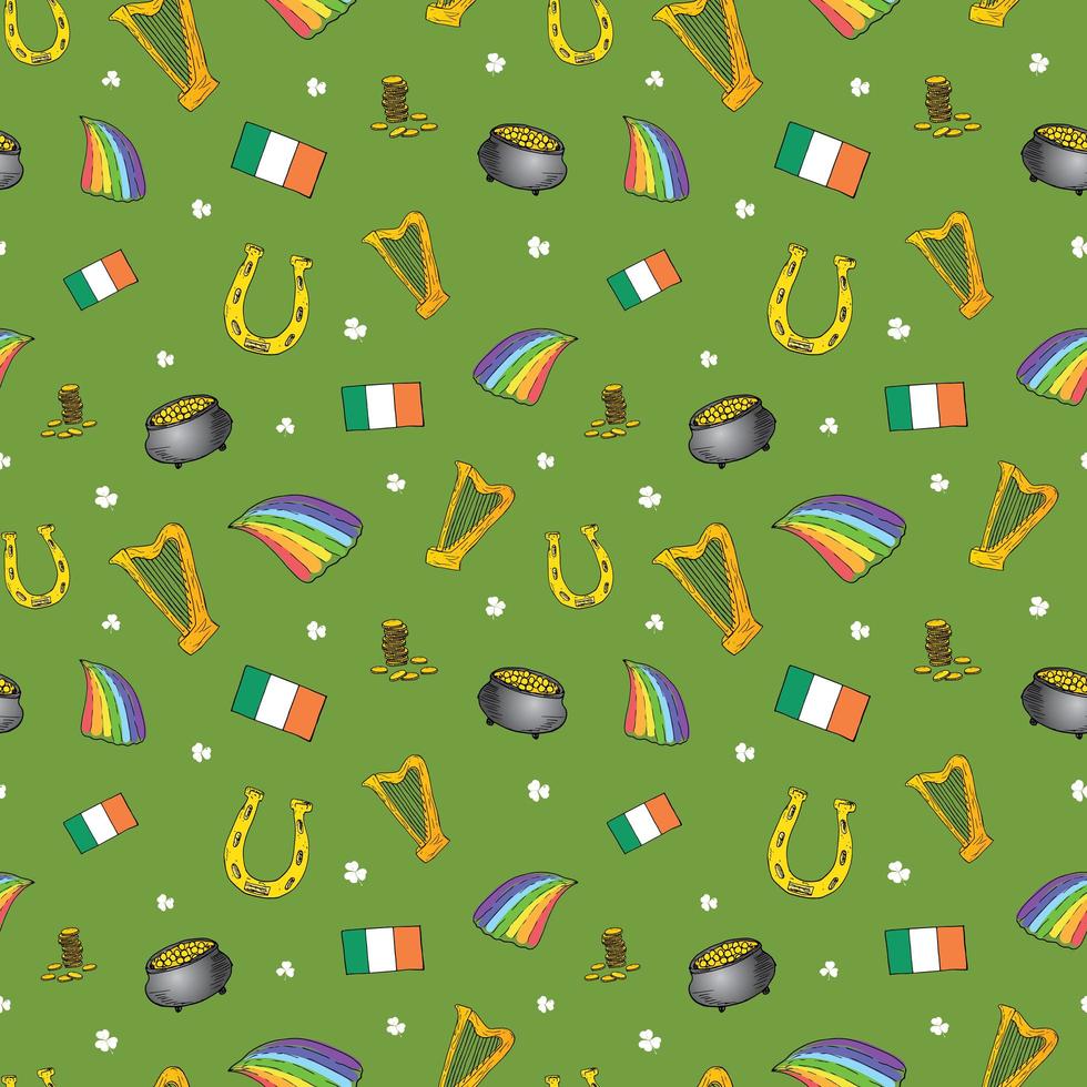 Dia de São Patrício doodle desenhado à mão padrão sem emenda, com duende, pote de moedas de ouro, arco-íris, cerveja, trevo de quatro folhas, ferradura, harpa celta e bandeira da Irlanda. vetor