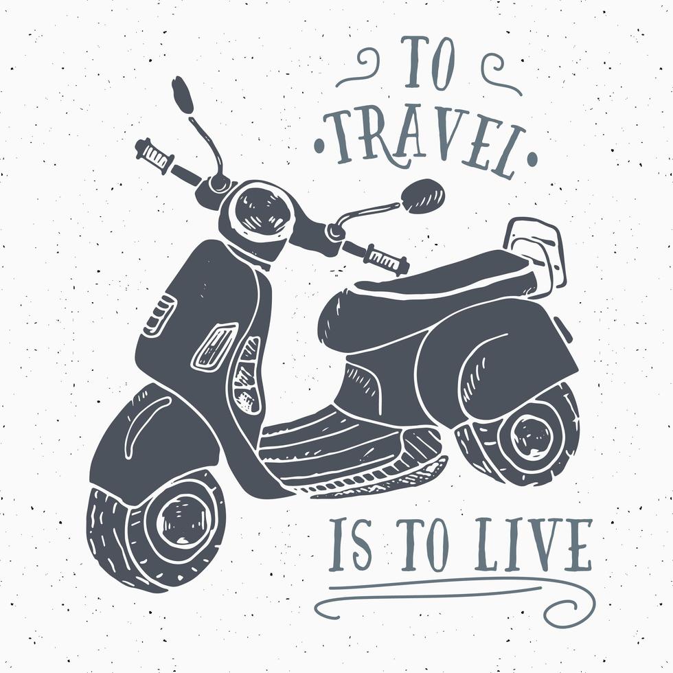 etiqueta vintage de motocicleta de scooter, esboço desenhado à mão, emblema retro texturizado grunge, impressão de t-shirt de design de tipografia, ilustração vetorial vetor