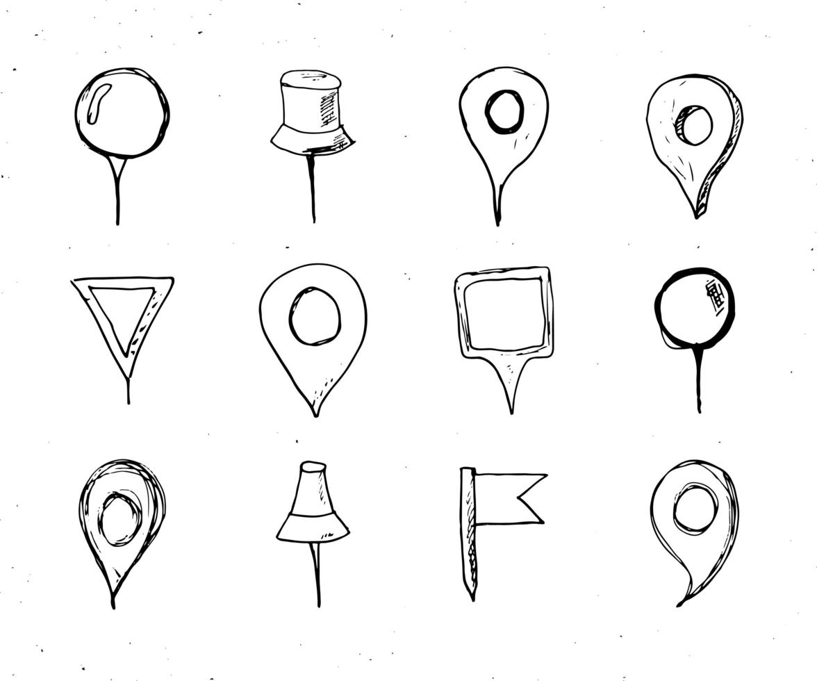 mapa ponteiros conjunto de esboço desenhado à mão, pinos de navegação doodle ilustração vetorial isolada no fundo branco vetor