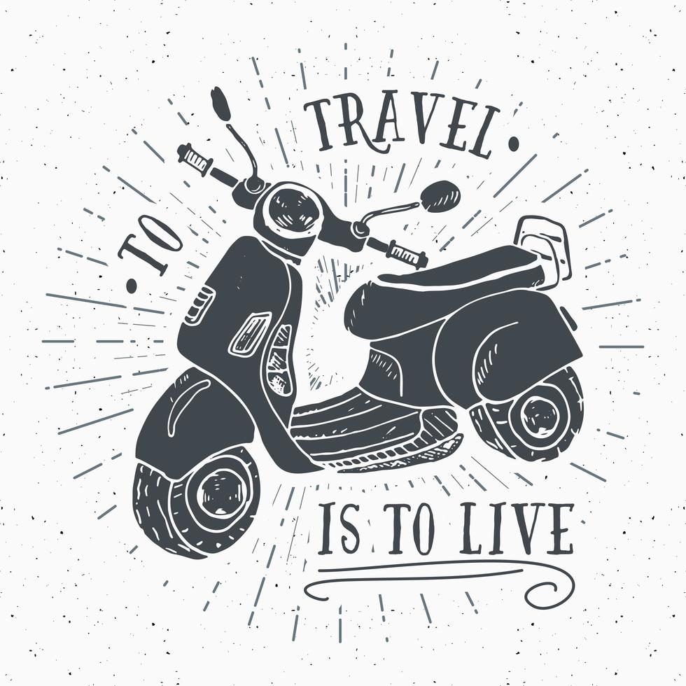 etiqueta vintage de motocicleta de scooter, esboço desenhado à mão, emblema retro texturizado grunge, impressão de t-shirt de design de tipografia, ilustração vetorial vetor