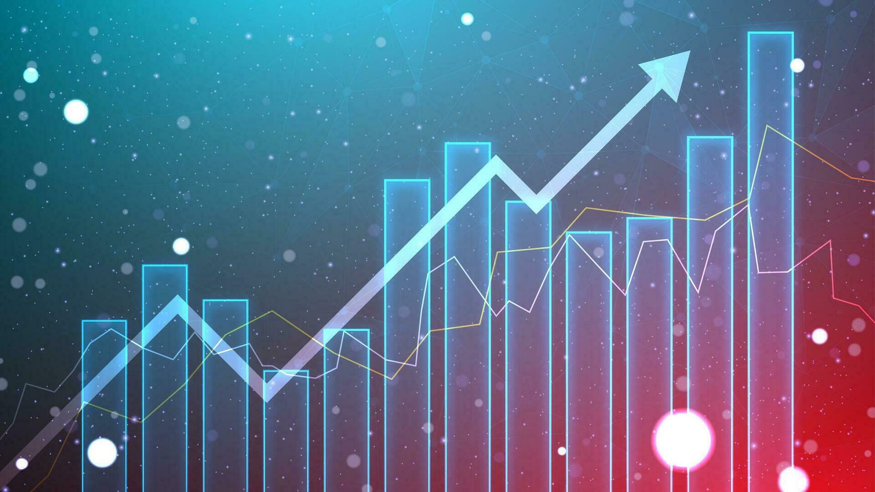 o negócio crescimento ilustração com a Barra gráfico estático e acima seta. bem sucedido financeiro gráfico em azul fundo. estoque mercado crescimento dentro futurista tecnologia estilo. vetor