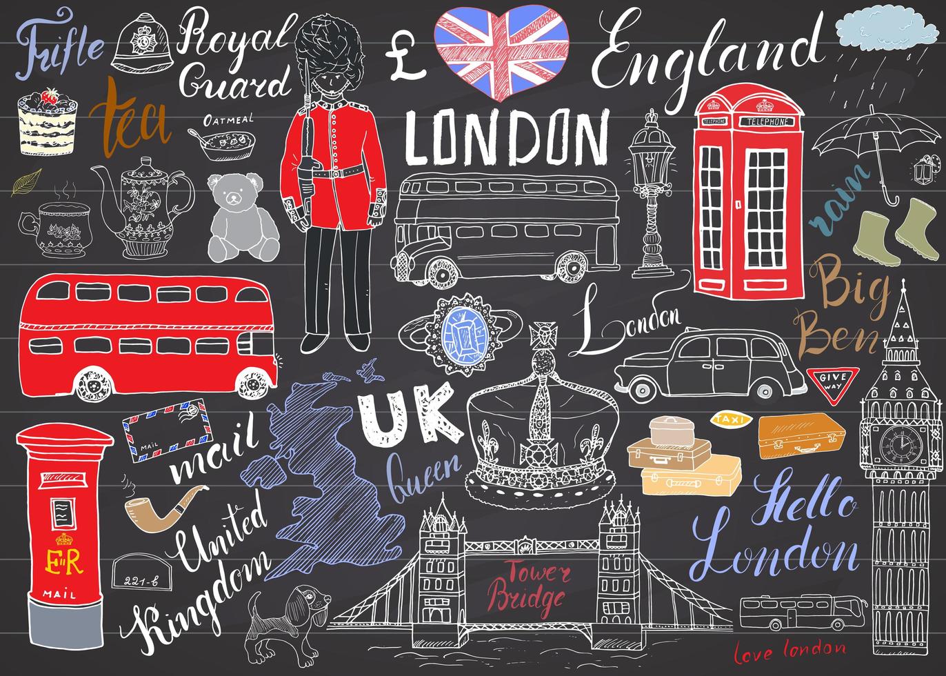 coleção de elementos doodles da cidade de Londres. conjunto desenhado à mão com ponte da torre, coroa, big ben, guarda real, ônibus e táxi vermelhos, mapa e bandeira do Reino Unido, bule de chá, letras, ilustração vetorial isolada vetor