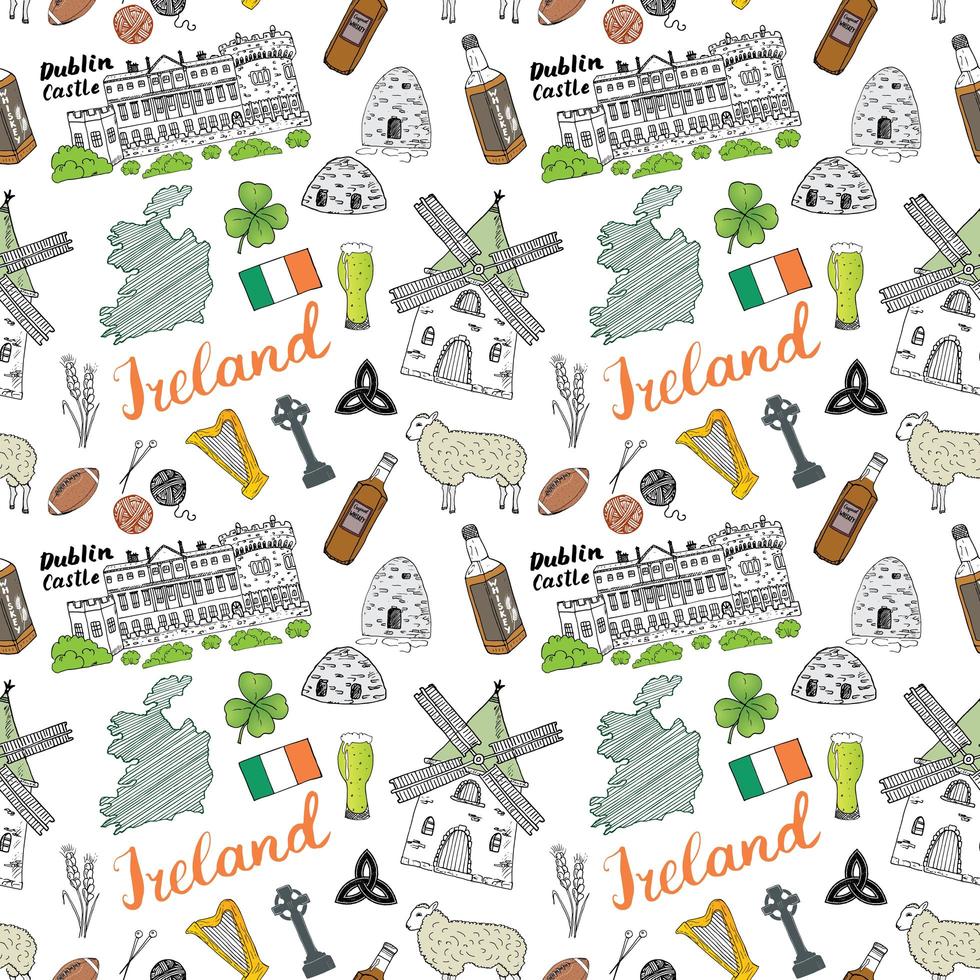 Irlanda esboço doodles padrão sem emenda. elementos irlandeses com bandeira e mapa da Irlanda, cruz celta, castelo, trevo, harpa celta, moinho e ovelha, garrafas de uísque e cerveja irlandesa, ilustração vetorial vetor