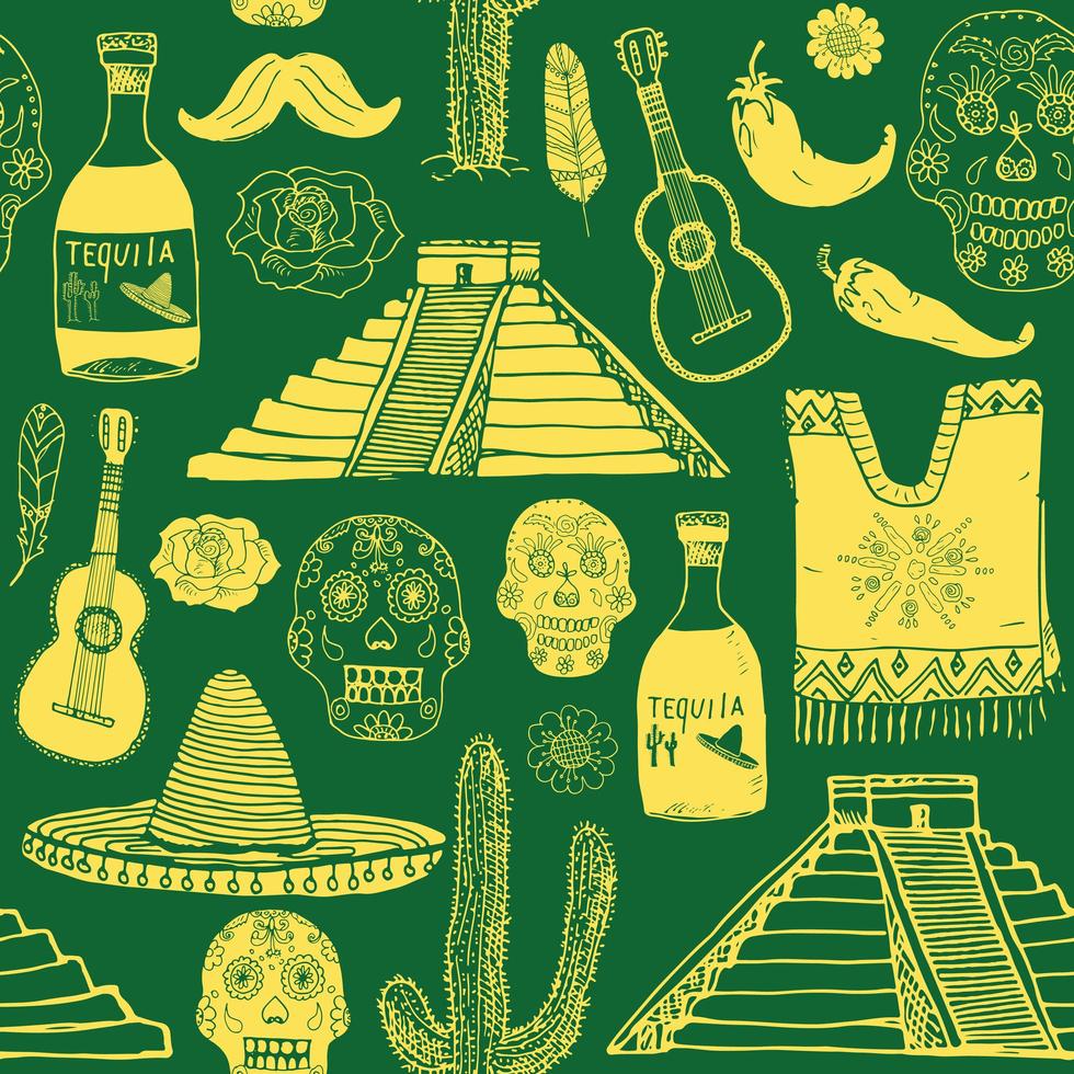 elementos de doodle de padrão sem emenda do México, esboço desenhado de mão chapéu sombrero tradicional mexicano, poncho, cacto e garrafa de tequila, mapa do México, crânio, instrumentos musicais. fundo da ilustração do vetor. vetor