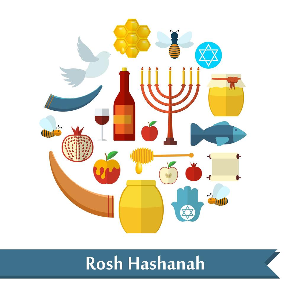 Conjunto de ícones de vetor plano rosh Hashaná, Shana Tova