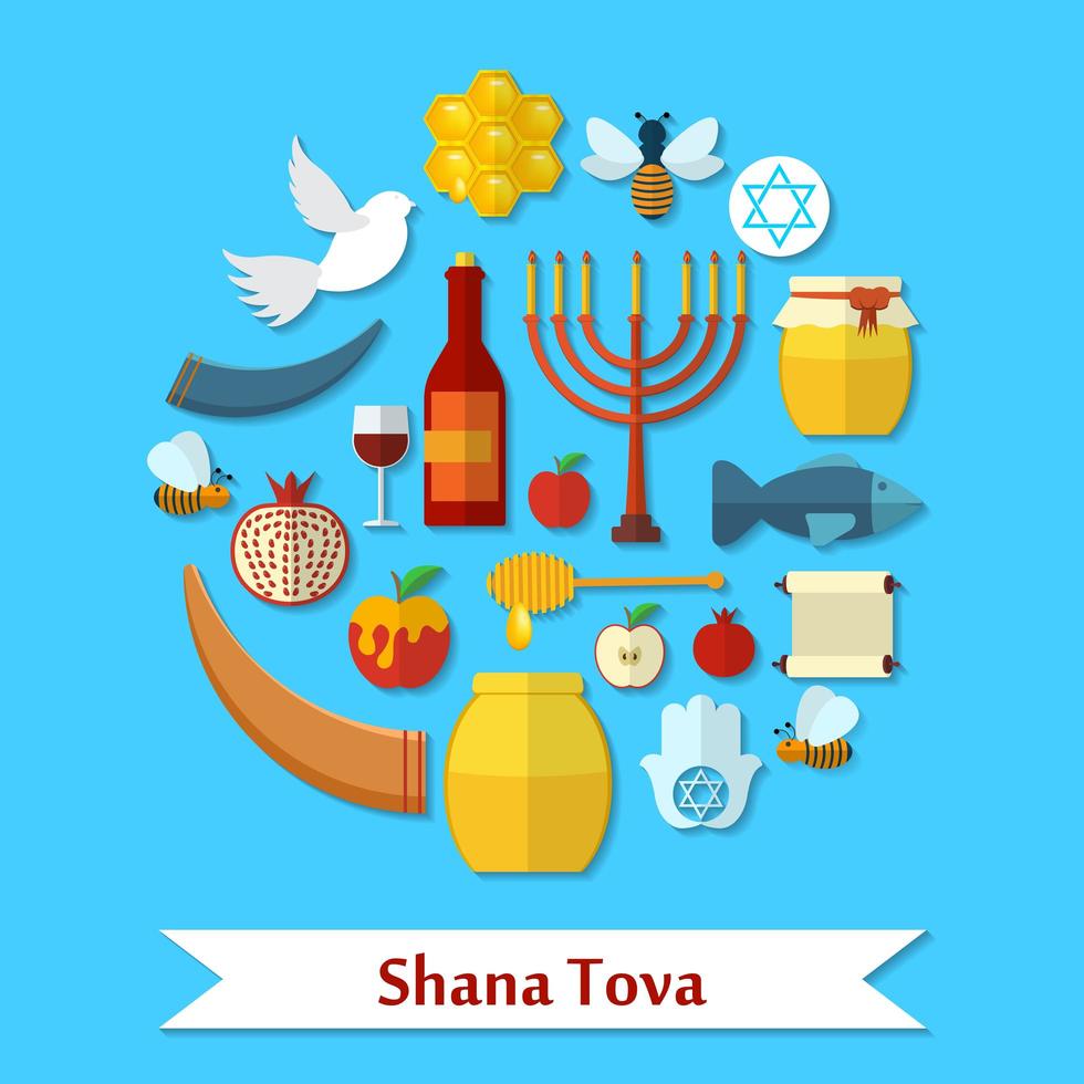 Conjunto de ícones de vetor plano rosh Hashaná, Shana Tova