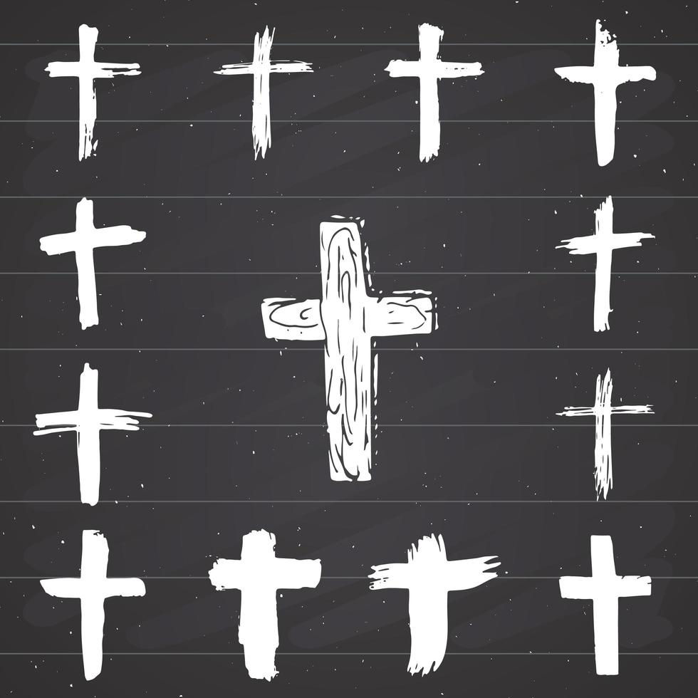grunge desenhado à mão conjunto de símbolos cruzados. cruzes cristãs, ícones de sinais religiosos, ilustração em vetor símbolo do crucifixo