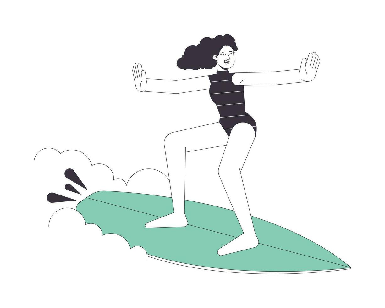 mulher surfista plano linha vetor local ilustração. menina surfar grande onda 2d desenho animado esboço personagem em branco para rede ui Projeto. caucasiano mulher dentro surfar roupa de mergulho editável isolado colorida herói imagem