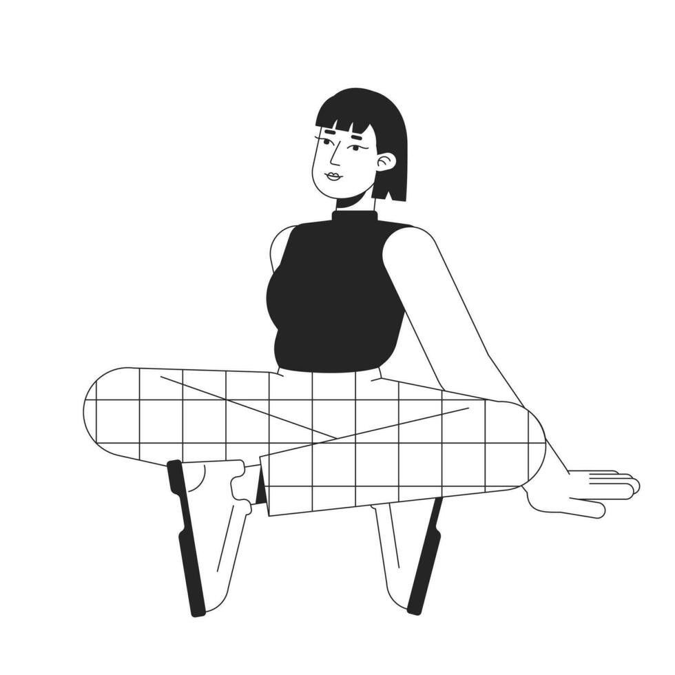 arrepiante relaxante jovem mulher vestindo xadrez calças plano linha Preto branco vetor personagem. editável esboço cheio corpo pessoa. sentado simples desenho animado isolado local ilustração para rede gráfico Projeto