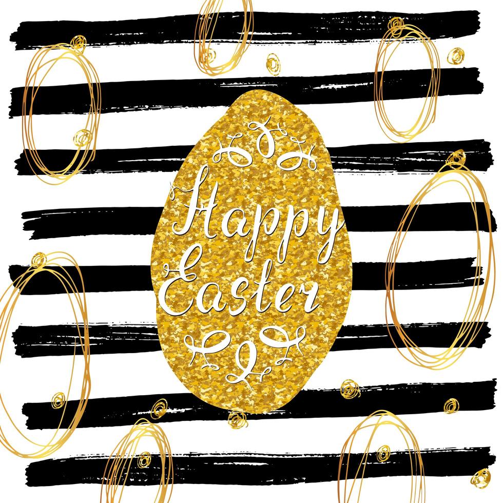 Feliz Páscoa cartão desenhado à mão com letras e elementos de doodle esboçado, ovo de éster de glitter dourados sobre fundo de linhas pretas vetor