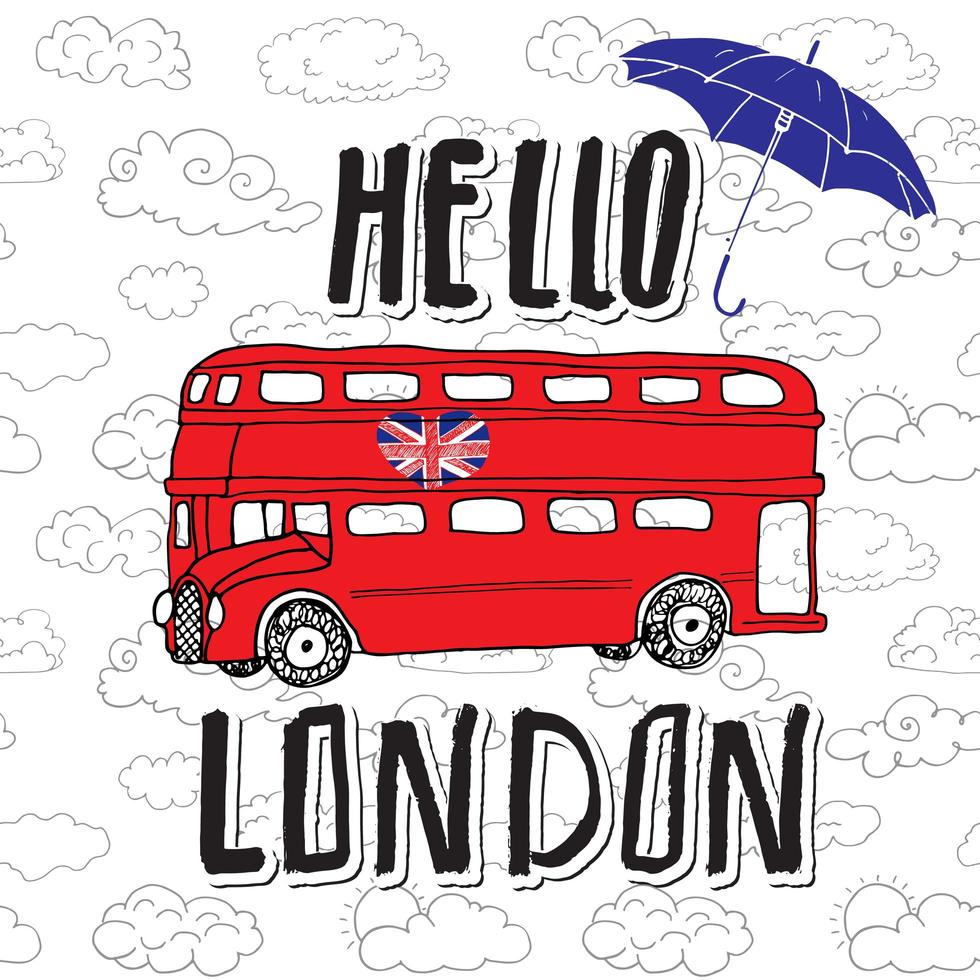 Olá, Londres, letras de mão, sinal com guarda-chuva, ônibus vermelho e bandeira do Reino Unido em forma de coração, na ilustração vetorial de fundo de nuvens de contorno vetor