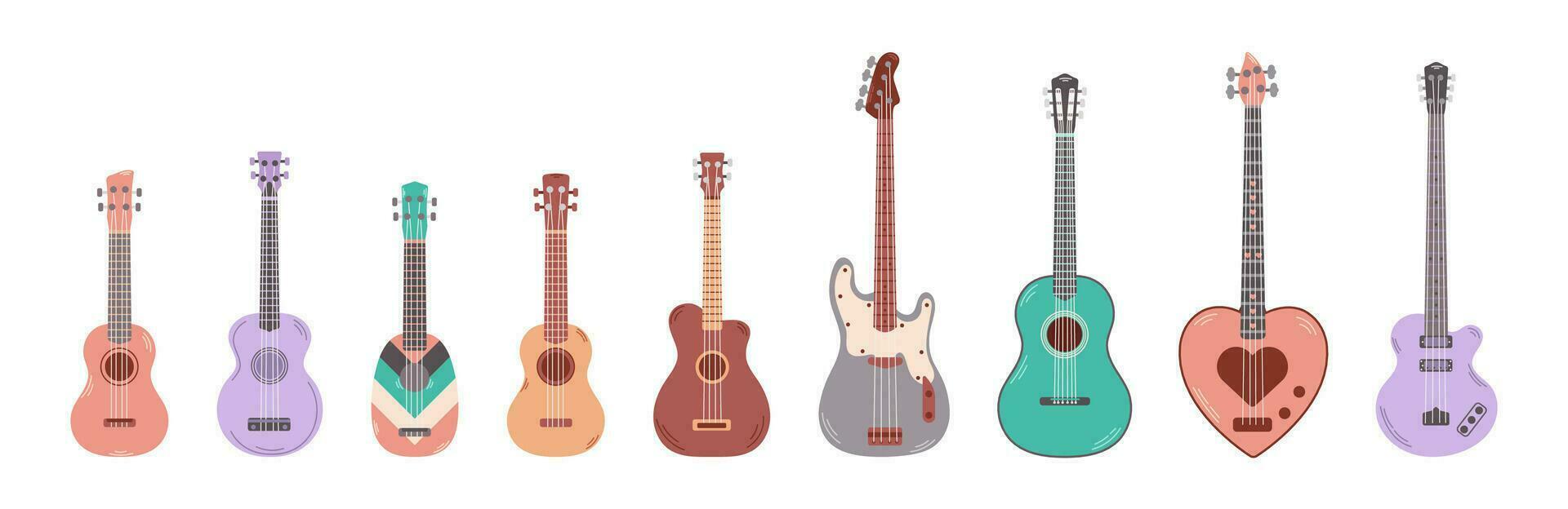 coleção do diferente guitarras isolado em branco fundo. corda musical instrumentos. acústico, graves e elétrico guitarras. vetor