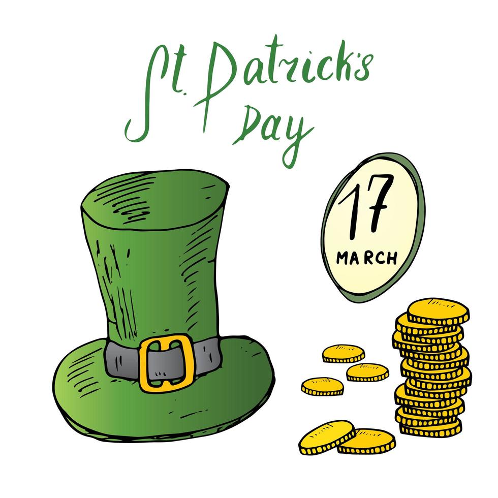 Conjunto de doodle desenhado à mão do dia de São Patrício, com chapéu de duende verde tradicional irlandês e uma pilha de moedas de ouro, ilustração vetorial isolada no branco vetor