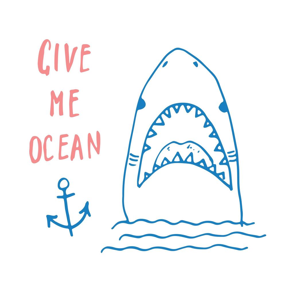 esboço desenhado à mão de tubarão fofo, ilustração em vetor desenho impressão em t-shirt
