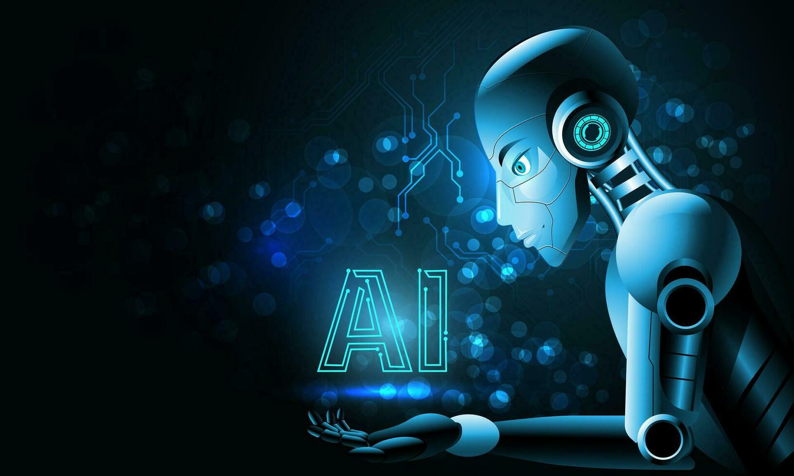 robô homem artificial inteligência com uma lindo face Veja às logotipo ai em mão dentro azul o circuito bokeh borrão virtual ciberespaço futurista tecnologia ilustração. vetor