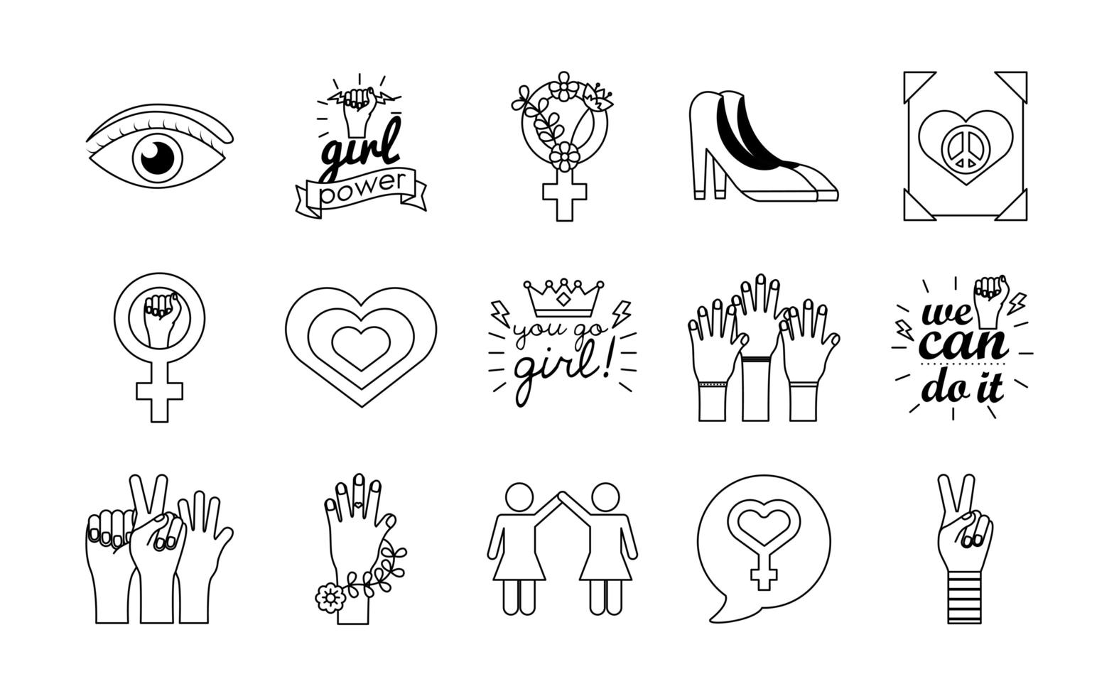 pacote de quinze ícones de estilo de linha do feminismo vetor