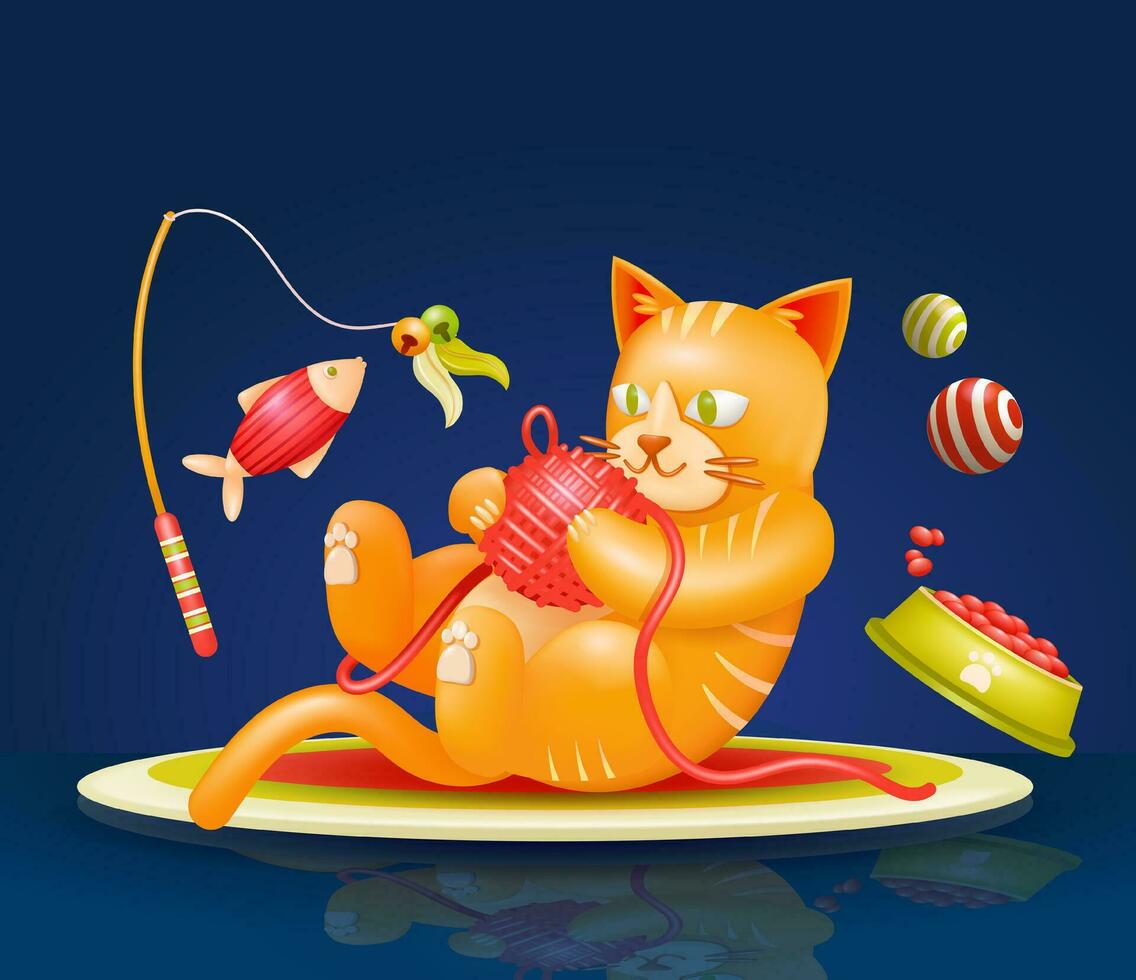 fofa gato vetor desenho animado 3d. laranja gato jogando com carretel do vermelho fio, com brinquedo enfeites e gato Comida. perfeito para elemento Projeto