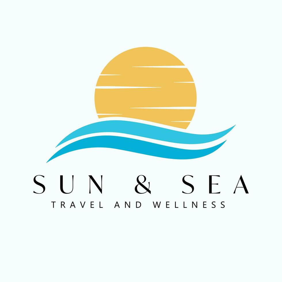 Sol e mar vetor logotipo Projeto. pôr do sol ou nascer do sol e oceano logotipo. tropical viagem logotipo modelo.