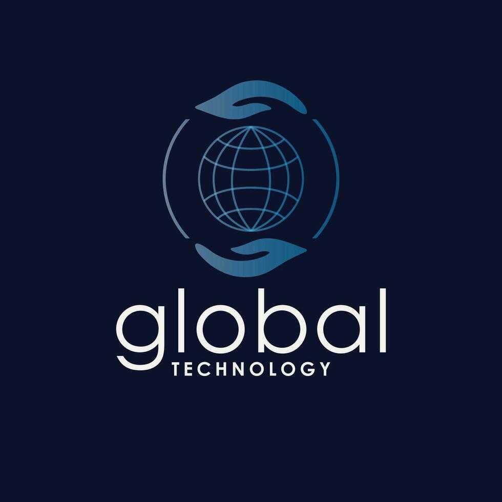 global tecnologia vetor logotipo Projeto. globo e mãos símbolo logotipo. tecnologia logotipo modelo com mão.