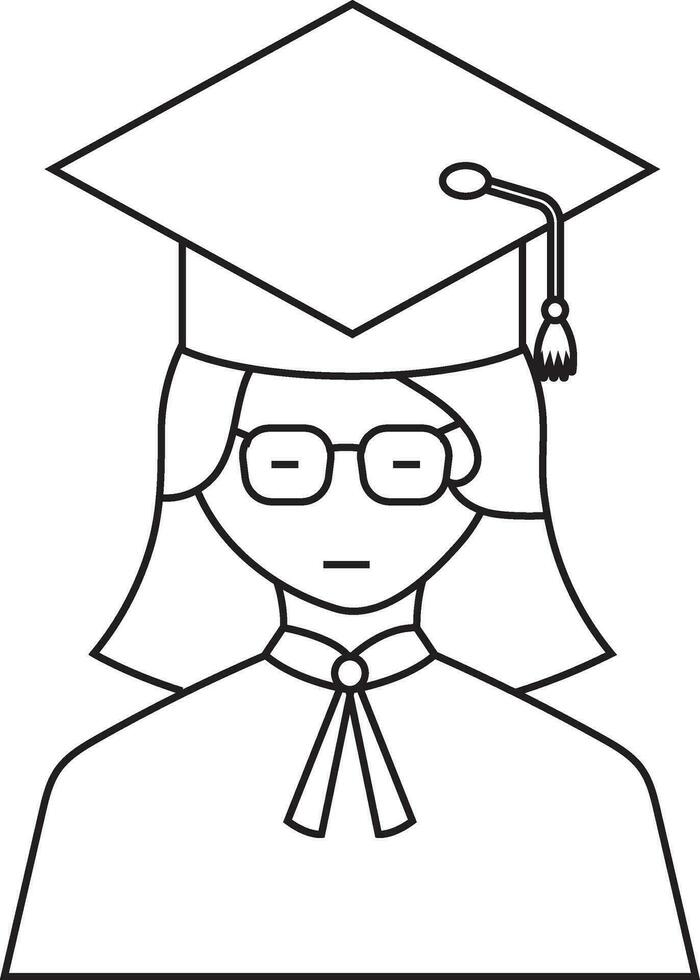 personagem do senhora vestindo mortarboard dentro Preto linha arte. vetor