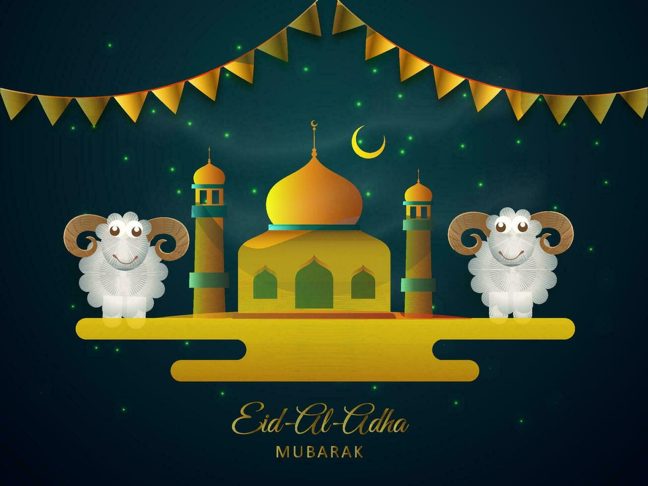 eid-al-adha Mubarak conceito com dois desenho animado ovelha, mesquita e estamenha bandeiras decorado em Sombrio cerceta luzes efeito fundo. vetor