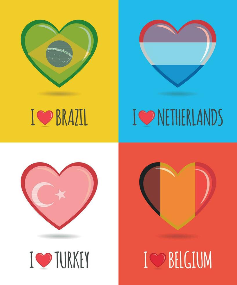 amoroso e colorida cartazes do brasil, Holanda, Peru e Bélgica com coração em forma nacional bandeira e texto vetor ilustração