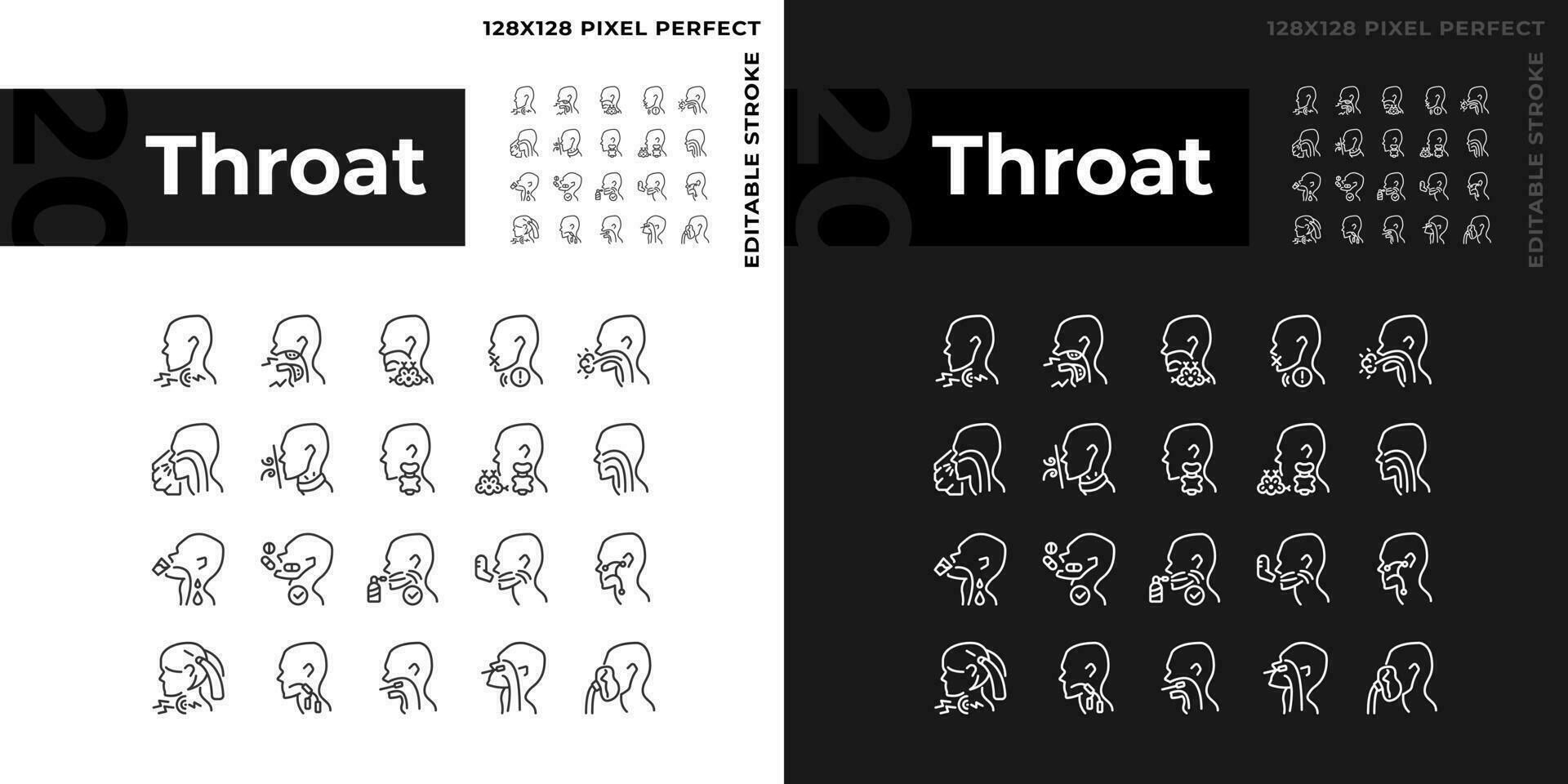 garganta pixel perfeito linear ícones conjunto para escuro, luz modo. doenças diagnóstico e tratamento. consciência sobre doença. fino linha símbolos para noite, dia tema. isolado ilustrações. editável acidente vascular encefálico vetor
