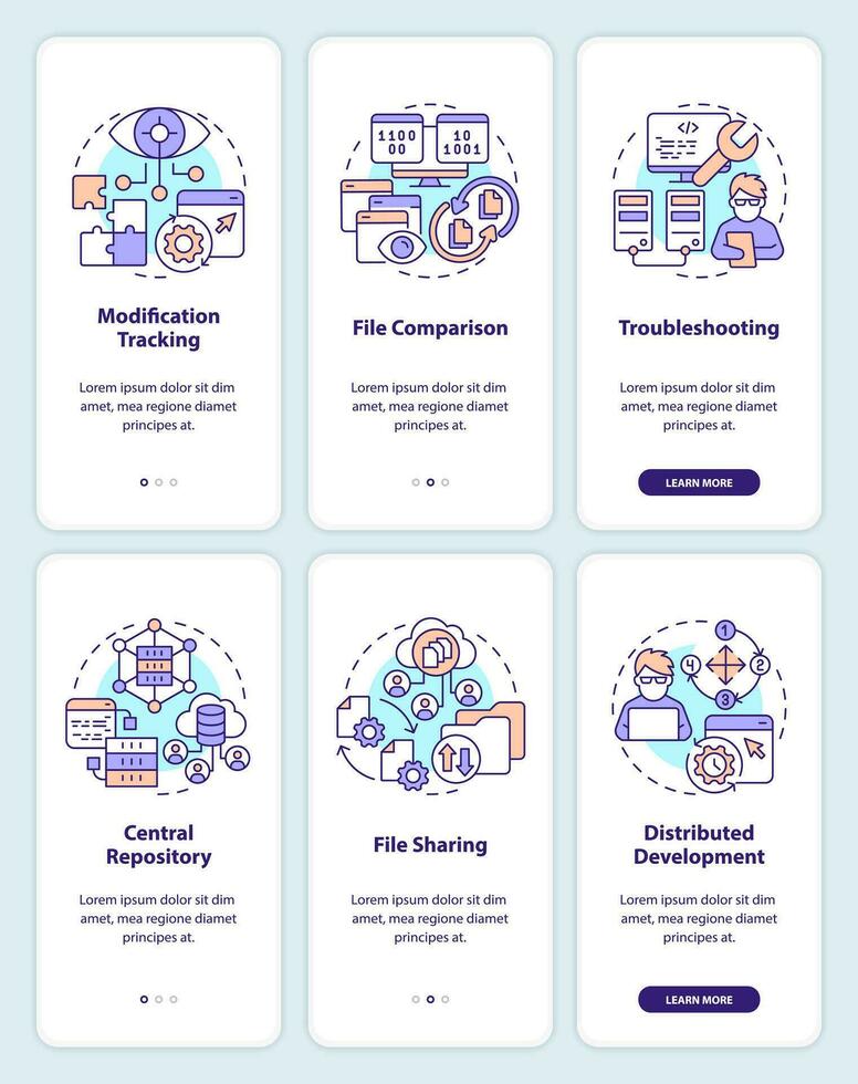 versão ao controle sistema benefícios onboarding Móvel aplicativo telas definir. passo a passo 3 passos editável gráfico instruções com linear conceitos. interface do usuário, ux, gui modelo vetor