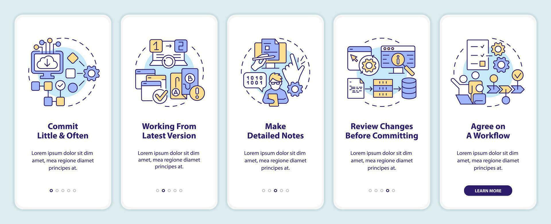 fonte código gestão melhor práticas onboarding Móvel aplicativo tela. passo a passo 5 passos editável gráfico instruções com linear conceitos. interface do usuário, ux, gui modelo vetor