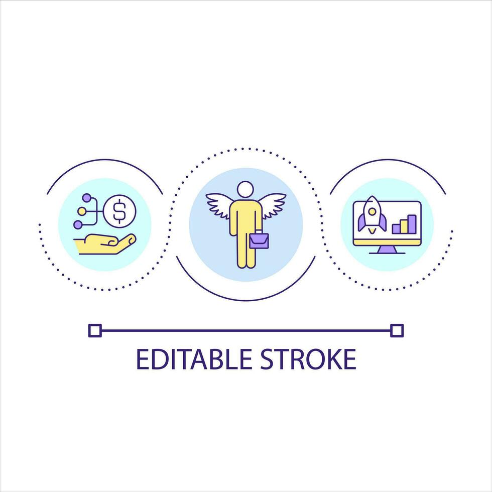 anjo investidores noivado ciclo conceito ícone. atrai patrocinadores para o negócio projeto. financeiro ajuda abstrato idéia fino linha ilustração. isolado esboço desenho. editável acidente vascular encefálico vetor