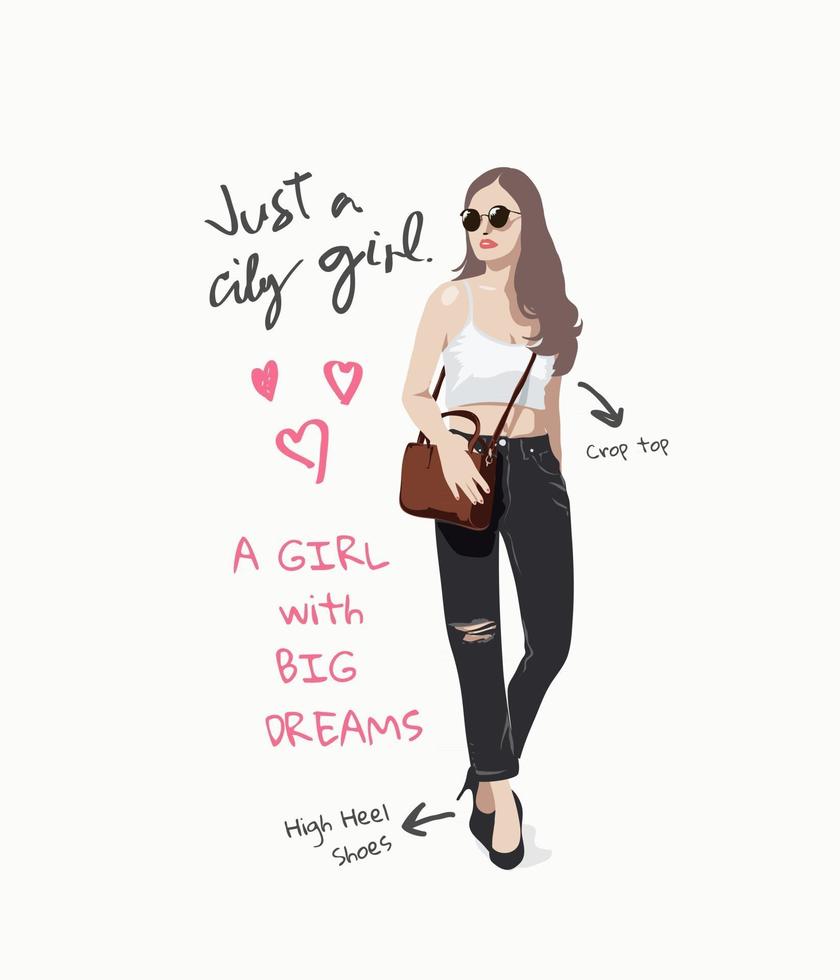 slogan de menina da cidade com desenho animado em ilustração de estilo de moda de rua vetor