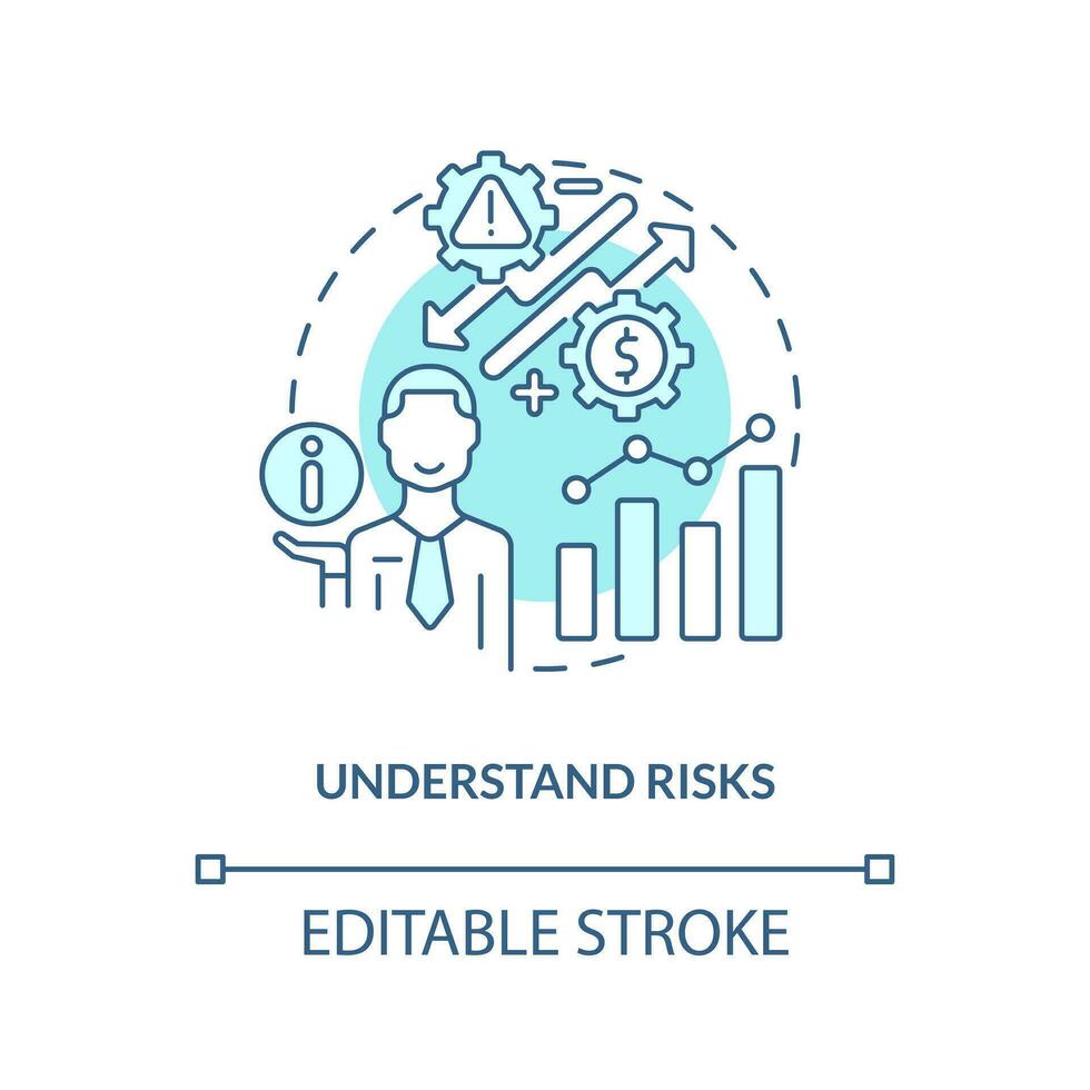 Compreendo riscos turquesa conceito ícone. mercado analisando. investimento expectativa abstrato idéia fino linha ilustração. isolado esboço desenho. editável acidente vascular encefálico vetor