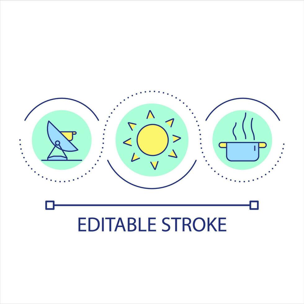 usando solar energia para cozinhando ciclo conceito ícone. ambientalmente amigáveis utensílio. alternativo poder abstrato idéia fino linha ilustração. isolado esboço desenho. editável acidente vascular encefálico vetor